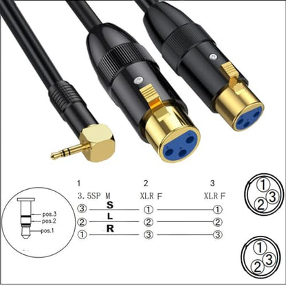90Deg 3.5mm Mini Jack Stereo Male to 2 XLR Female Microphone Connector 0.5m | Right Angle XLR to 3.5mm Y Splitter Cable, 1/8 inch TRS to Dual XLR Female Cord for Laptop, Camera, Sound, DV - size: 50 cm