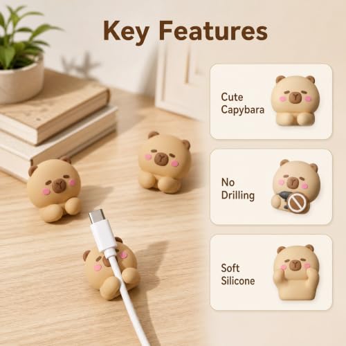 Capybara Cable Organizer, Adorable Animal-Shaped Cable Clips, Desk Cable Management Cord Holder for Home and Office, Cute Wire Clips for Headphones, Chargers, USB Cables (3-Pack)