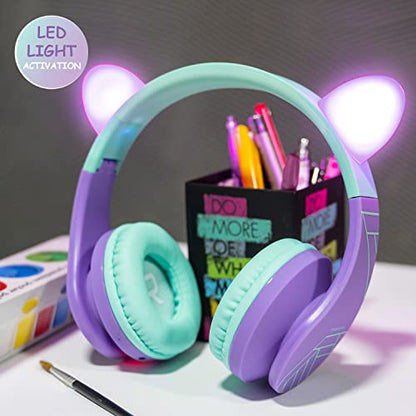 PowerLocus Bluetooth Headphones for Kids, Wireless Foldable Headphones Over Ear, Headphone with Microphone, 85DB Volume Limit, Wireless and Wired Headset with Micro SD, FM for Cellphones, Tablets, PC - color: Teal/Purple Cat Ears