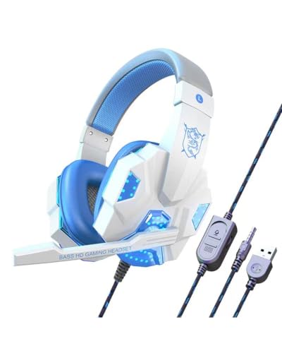 Gaming Headset with Mic RGB Light, 3D Surround Sound, Noise Cancelling Over Ear for PS4 PS5 Xbox One Switch, Lightweight 40mm Driver, Breathable Earmuffs & Durable Braided Cable (White) - color: White
