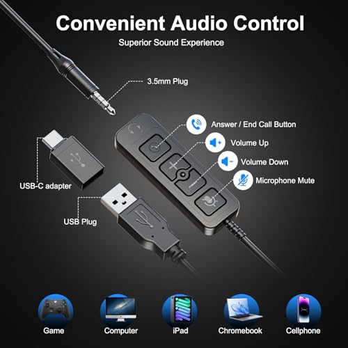 USB Headset with Microphone for PC, Mono Wired Computer Headset with 3.5mm & USB Dual Plug, Noise Cancelling Office Headphones for Call Center, Zoom, Teams, Laptop Mac - color: Mono