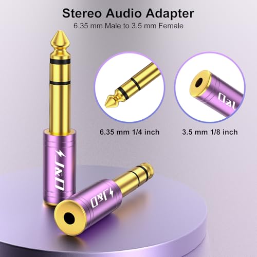 J&D 5-Pack 1/4 to 1/8 Headphone Adapter, 6.35 mm to 3.5 mm Stereo TRS Male to Female, Gold-Plated 3.5mm Plug Jack Connector for Guitar, Amp, Keyboard, Bass, Purple - color: Purple