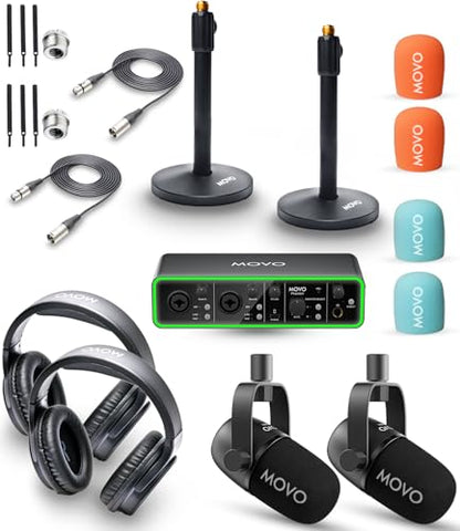 Movo Podcast Equipment Bundle for 2 with USB Audio Interface and 2 CastMic Dynamic Podcast Microphone Bundle with Mic Stands and Headphones for Podcasting, Streaming, and Musicians - Podcast Kit - style: with Desk Stands and Headphones