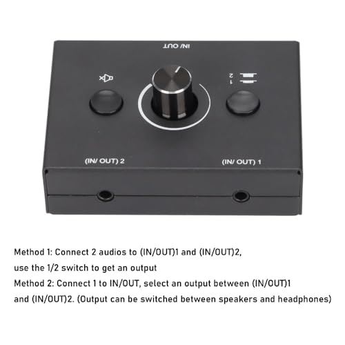 3.5mm Stereo Audio Switcher Bidirectional 2 in 1 Out or 1 in 2 Out Manual Selector Box with Mute Button Plug and Play for Speakers and Headphones