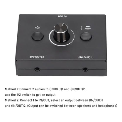 3.5mm Stereo Audio Switcher Bidirectional 2 in 1 Out or 1 in 2 Out Manual Selector Box with Mute Button Plug and Play for Speakers and Headphones