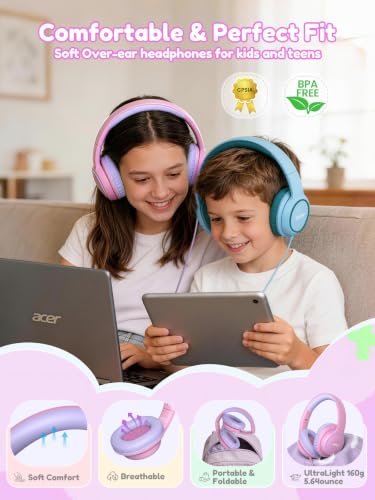 Acer OHW328 Kids Headphones Wired for School - Over Ear Design | 85/94dB Safe Volume, 3.5mm Jack Foldable Headphones for Kids Boys Girls Classroom Yoto Player Chromebook Travel PinkPurple - color: Pink Purple