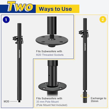 Vondynote Set of 2 Subwoofer Poles Fit M20 or 35mm Mount, Speaker Extender | Height Adjustable Speaker Poles with 35mm Insert, Fit Subs with M20 Thread or 35mm Mount, with M20 to 35mm Adapters
