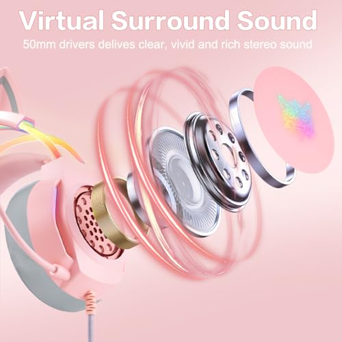 Gaming Headset with Microphone, Cat Ear Headphones for PC Laptop PS4 PS5 Xbox Switch, Pink, Rainbow RGB Lighting & Virtual Surround Sound, 3.5mm Wired Over Ear Headphones, Ergonomic - color: Pink Cat Ear