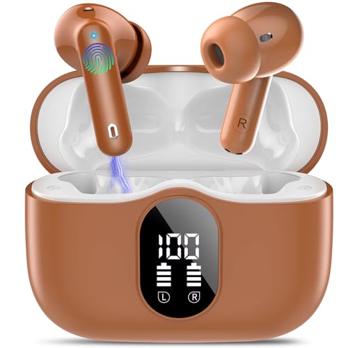 Wireless Earbuds, Bluetooth 5.4 Headphones Bass Stereo, Ear Buds with Noise Cancelling Mic, IP7 Waterproof in Ear Earphones, 36H LED Display Bluetooth Earbuds for Laptop Pad Phones Sports, Brown | Ear Buds with Noise Cancelling Mic LED Display, 36H, IP7 W