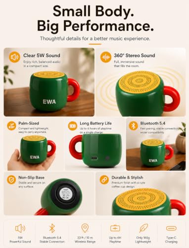EWA Coffee Mug Speaker, Portable Bluetooth Speaker for Desk & Bedroom(GRE) | Lifestyle Speaker, 5W Clear Sound with Bluetooth 5.4. Coffee Mug Design, IP67 Waterproof, Unique Gift for Coffee Lovers - color: Green