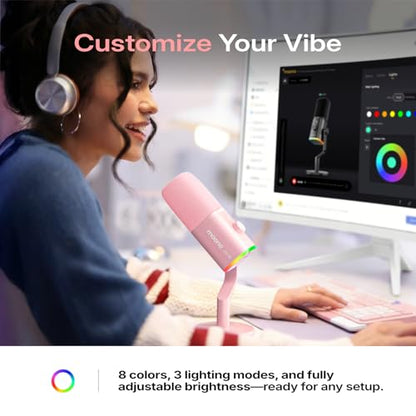 MAONO PD100W Wireless Dynamic Microphone for iPhone, Android & PC (Pink) | USB-C & Lightning Receivers, Noise Reduction,RGB Lighting, Software EQ, for Gaming, Streaming and Content Creation - color: Pink