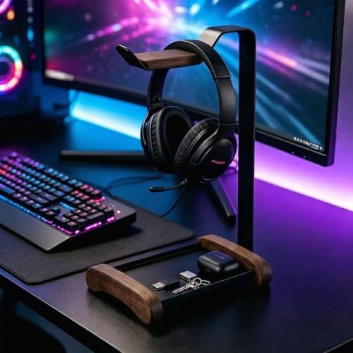 Headphone Stand for Desk with Storage Tray, Walnut Wood Headset Holder and Desktop Organizer for Headphones, Keys, Watches & Accessories, Home Office and Gaming Setup