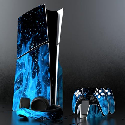 PlayVital Full Set Skin Sticker for ps5 Slim Console Disc Edition (The New Smaller Design), Vinyl Skin Decal Cover for ps5 Controller & Headset & Charging Station & Media Remote - Blue Flame - color: Blue Flame