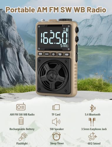 AM FM Shortwave Radio with NOAA Weather Alert,1250mAh Rechargeable Battery | Bluetooth Portable Pocket Radio with Best Reception 5W Big Speaker Earphone,Support SD Card and USB Player Brown - color: Brown