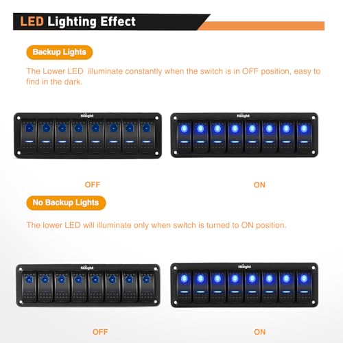 Nilight 8 Gang Rocker Switch Panel SPST On Off Toggle with DIY Label Sticker | 5PIN Electrical 12V/20A 24V/10A Aluminum Plate with Pre-Wired Jumper Wires for LED Light Bar RV Boats 4X4 Cars Blue - color: Blue, size: 8 Gang