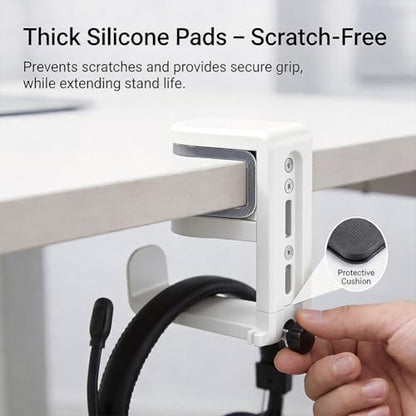 360° Rotating Headphone Hanger, Under Desk Headset Holder, Clamp‑On Headphone Stand for All Over‑Ear Headphones,White - color: White