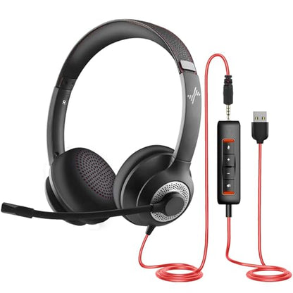 JIAMQISHI USB Headset with Microphone for PC, On-Ear Computer Laptop Headphones with Noise Cancelling Microphone in-line Control for Home Office Online Class Skype Zoom (USB+3.5mm, Black) - color: Black, style: USB+3.5mm