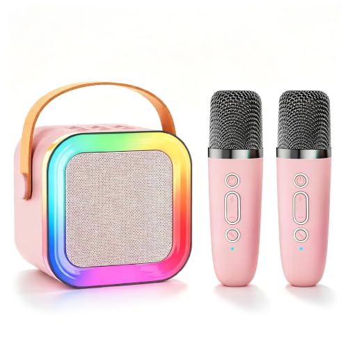 Mini Kids Karaoke Machine Toy Ages 3-12, 2 Wireless Mics Bluetooth Speaker | LED Party Lights, Voice Changer, Duets, BT 5.3, Rechargeable Portable, Christmas Birthday Gifts for Toddler Boys & Girls - color: Pink - 2 Mics