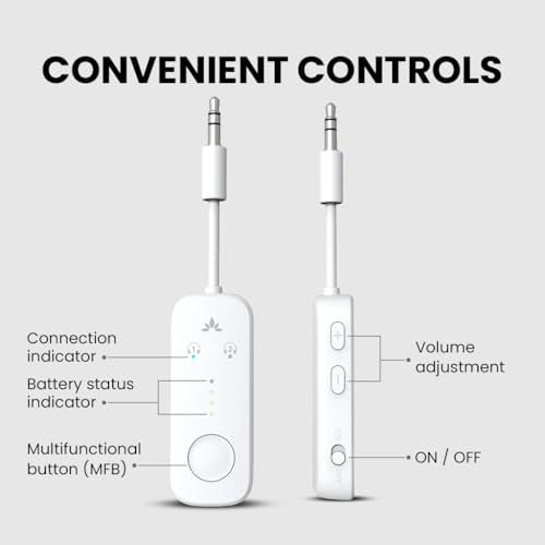 Avantree Relay - Airplane Bluetooth Adapter for 2 AirPods or Headphones | Qualcomm aptX Adaptive, 25H Battery, Future-Proof Firmware Upgradable, 3.5mm AUX Audio Transmitter for Flight Travel & Gym - color: 2-White