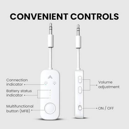 Avantree Relay - Airplane Bluetooth Adapter for 2 AirPods or Headphones | Qualcomm aptX Adaptive, 25H Battery, Future-Proof Firmware Upgradable, 3.5mm AUX Audio Transmitter for Flight Travel & Gym - color: 2-White