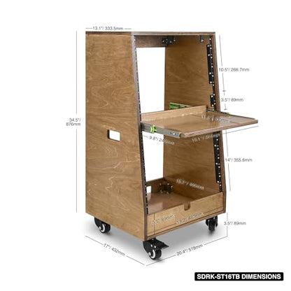 Sound Town DIY Slanted 16U Studio Rack (8U Top + 8U Lower), with 2U Bottom Storage, Slide-Out Tray, Caster, Plywood, Weathered Brown for Recording Room, Home Studio (SDRK-ST16TB) - size: 16U(8U Top + 8U Lower),Weathered Brown