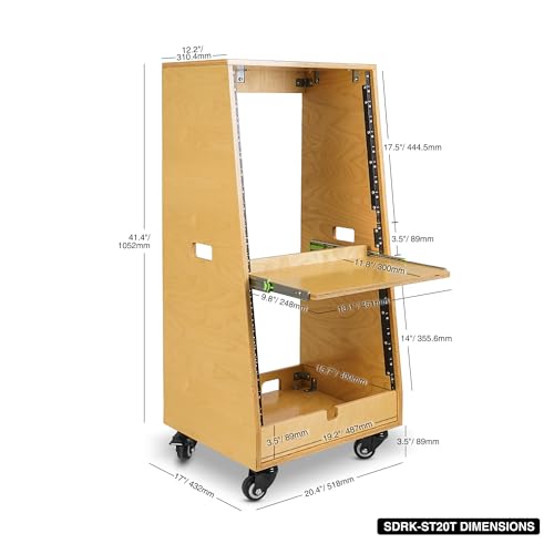 Sound Town DIY Slanted 20U Studio Rack (12U Top + 8U Lower), with 2U Bottom Storage, Slide-Out Tray, Caster, Plywood, Golden Oak for Recording Room, Home Studio (SDRK-ST20T) - size: 20U(12U Top + 8U Lower),Golden Oak