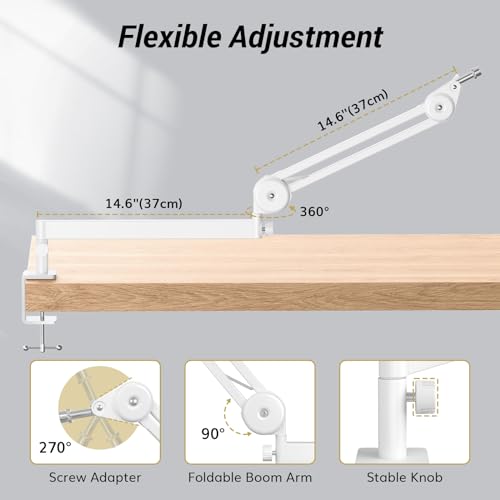 Tonor Mic Arm Desk Mount, Low Profile Boom Arm, Microphone Arm, Adjustable Mic Stand with Desk Mount Clamp, 3/8’’ and 5/8’’ Screwadapter for Most Mic, 37 cm +37 cm(14.6''+14.6''), White, T40LP - color: White, style: Invisible Spring
