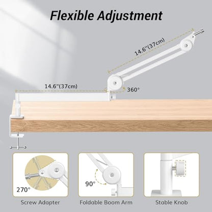Tonor Mic Arm Desk Mount, Low Profile Boom Arm, Microphone Arm, Adjustable Mic Stand with Desk Mount Clamp, 3/8’’ and 5/8’’ Screwadapter for Most Mic, 37 cm +37 cm(14.6''+14.6''), White, T40LP - color: White, style: Invisible Spring