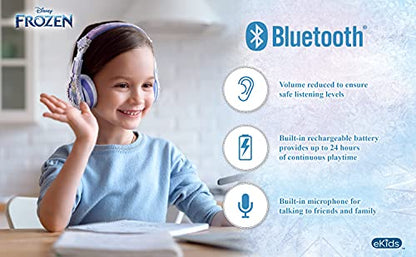 eKids Disney Frozen 2 Bluetooth Headphones with Microphone, Volume Reduced to Protect Hearing, Adjustable Wireless Headphones for School Home Travel, for Fans of Anna and Elsa - color: Frozen 2