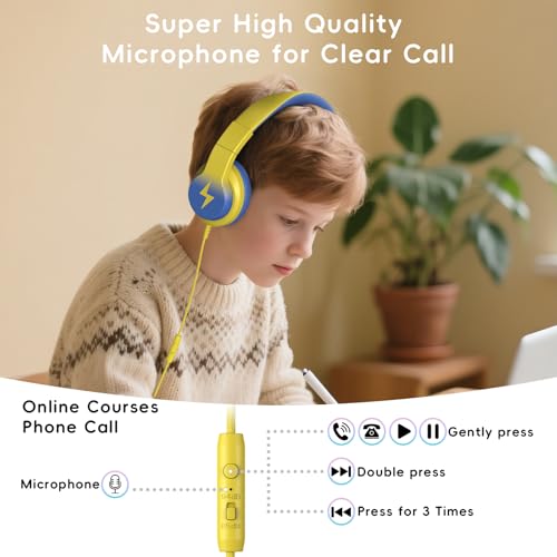 Candy Bila Wired Kids Headphones for School, Over-Ear for Boys Girls | Volume Limiter 85/94dB, HD Stereo Sound, Microphone and Wired Control,Foldable Design, Light Yellow - color: Light Yellow