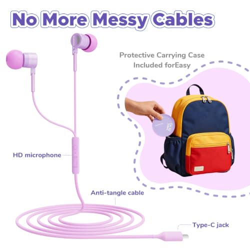 Owliwise USB C Kids Wired Earbuds with Case, mic, 85/94dB Volume Limited - color: Purple