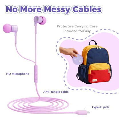 Owliwise USB C Kids Wired Earbuds with Case, mic, 85/94dB Volume Limited - color: Purple
