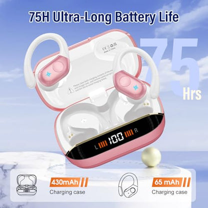 Qecnato Wireless Earbuds Bluetooth 5.4 Headphones Sports, 75H Stereo Deep Bass Over Ear Buds with Earhooks, Bluetooth Earbuds with 4 ENC Mic, LED Display, IP7 Waterproof Earphone for Running, Pink