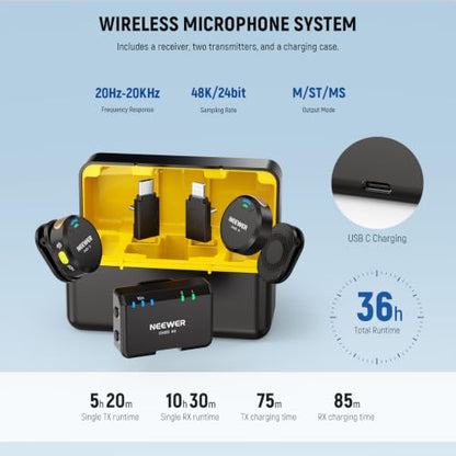 NEEWER CM29 Mini Wireless Microphone, 48KHz/24Bit Noise Cancelling Clip On Lav Mic, 25H Battery, 150m Range, Compatible with iPhone iPad Android DJI Insta360 Camera PC Mac (1RX+2TX+Charging Case) - style: CM29