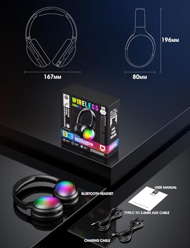 Bluetooth Headphone with Cool RGB Light, Foldable Lightweight Wireless Over Ear Headphone, 90° Rotatable Earcups, HiFi Stereo with Deep Bass Audio for Travel, iPad Cellphone Laptop PC