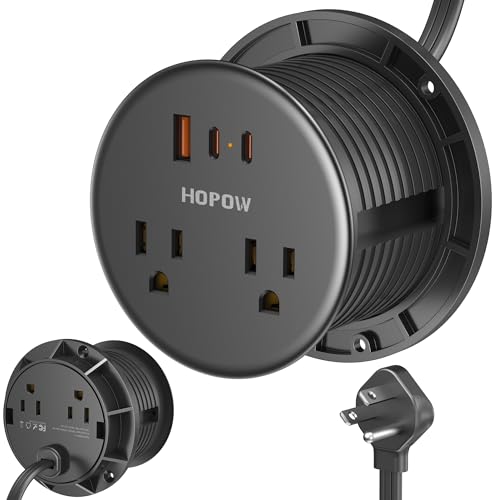 Desk Grommet, Dual-Sided Recessed Power Strip, 4 Outlets 3 USB (2 USB-C) | Flush mount desktop charging station, essential workspace desk outlet. 6.5FT flat plug extension cord, home office, black
