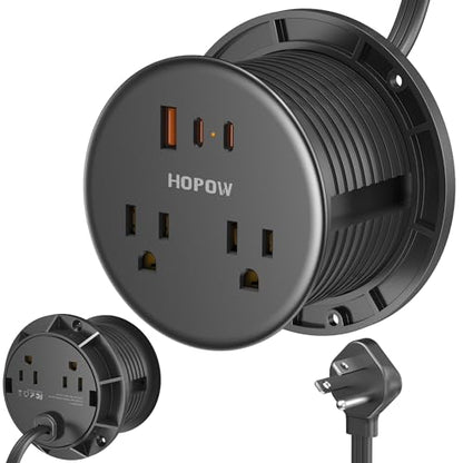 Desk Grommet, Dual-Sided Recessed Power Strip, 4 Outlets 3 USB (2 USB-C) | Flush mount desktop charging station, essential workspace desk outlet. 6.5FT flat plug extension cord, home office, black