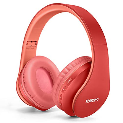 TUINYO Wireless Headphones Over Ear, Bluetooth Headphones with Microphone, Foldable Stereo Wireless Headset- (RED) - color: RED