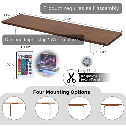 Monitor Stand Riser,Wood & Acrylic Computer Monitor Stand with LED Strip Light,Desk Accessories Desktop Organizer Stand for Computer,Laptop,Printer,PC & TV Screen