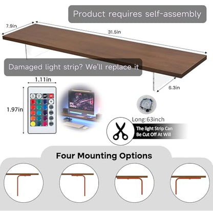 Monitor Stand Riser,Wood & Acrylic Computer Monitor Stand with LED Strip Light,Desk Accessories Desktop Organizer Stand for Computer,Laptop,Printer,PC & TV Screen
