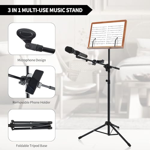 3-in-1 Sheet Music Stand with Phone and Microphone Holder, Brown Wooden , Folding Desktop Book Stand Liftted Metal Support Adjustable Design