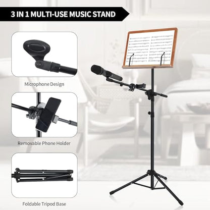 3-in-1 Sheet Music Stand with Phone and Microphone Holder, Brown Wooden , Folding Desktop Book Stand Liftted Metal Support Adjustable Design