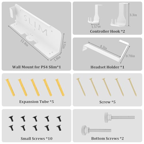 Wall Mount Kit with Detachable 2 Controller Holder & Headphone Hanger, Metal Wall Mount Stand Compatible with PlayStation 4 Slim - color: White