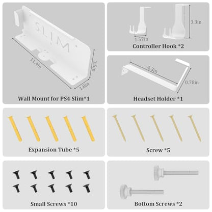Wall Mount Kit with Detachable 2 Controller Holder & Headphone Hanger, Metal Wall Mount Stand Compatible with PlayStation 4 Slim - color: White