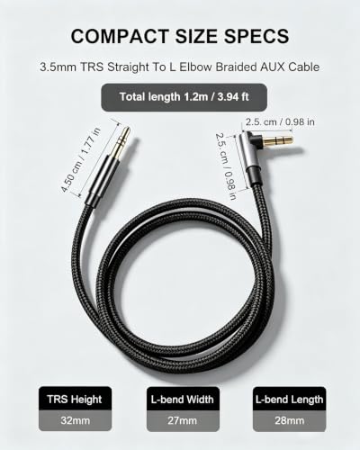 3.5 to 3.5mm TRS Aux Cable, 90 Degree for Headphone, 3.93FT | 3.5mm Stereo Audio Cable, Hi-Fi Sound Portable TRS Auxiliary Cable for Car Compatible with Speaker Smartphone Nylon Braided