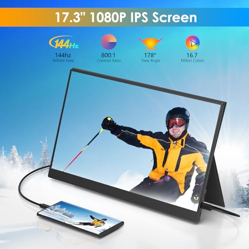 WGK 17.3 inch Portable Monitor 1080P FHD 144Hz Travel Display HDMI/USB-C Compatible with Laptops, Desktops, Phones, PS, Mac, Xbox, Switch, and Other Gaming Devices with Smart Cover & Speakers VESA - size: 17.3 Inch 1080p