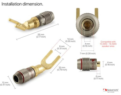 Nakamichi FanLock 24k Gold Plated Spade Y Connector Banana Plugs, 10-18 AWG | Excel Series, Gauge Size 4mm for Speakers Amplifier Hi-Fi Stereo Radio AV Audio Wire Cable Quick Connector, 8 Pcs (4-Pairs) - size: 8 Pcs (4-Pairs)
