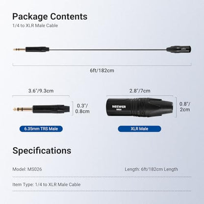 NEEWER 6.35mm 1/4 TRS to XLR Male Cable, 6 ft Quarter Inch to 3 Pin XLR Balanced Signal Interconnect Microphone Patch Cord Adapter Connector for Mic Amplifier Mixer Powered Speaker Guitar Tuner, MS026 - size: 6.35mm（182cm）, style: XLR Male