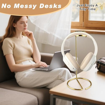 2 Pcs Headphone Stand Metal Headset Holder Tabletop Earphone Stand Headphones Hanger Organize Shelf Hanger Showing Display for Home Office Desk Rack - Gold