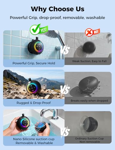 Bluetooth Shower Speaker IPX7 Waterproof: Removable Suction Cup, Black | 360° Surround Sound, Vacuum-Lock, RGB Light, Portable Wireless Speaker for Beach, Pool, Kayak, Gifts for Adults Teens - color: black